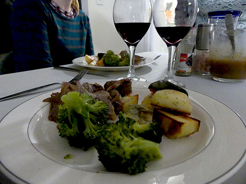Red wine comes with the roasted veggies and sweet potato Red Wine & Roasted Veggies