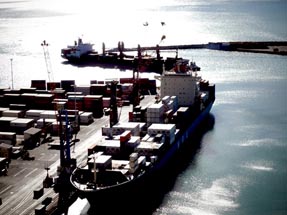 View on the port in Napier with container vessel