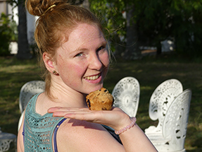 Bianca with a vegan blueberry muffin